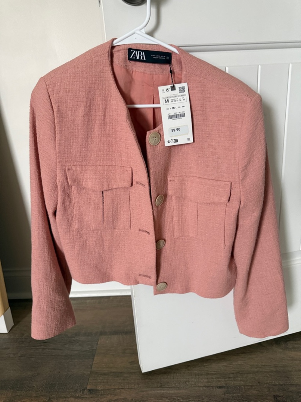 ZARA Rose-Pink Cropped Bouclé Blazer